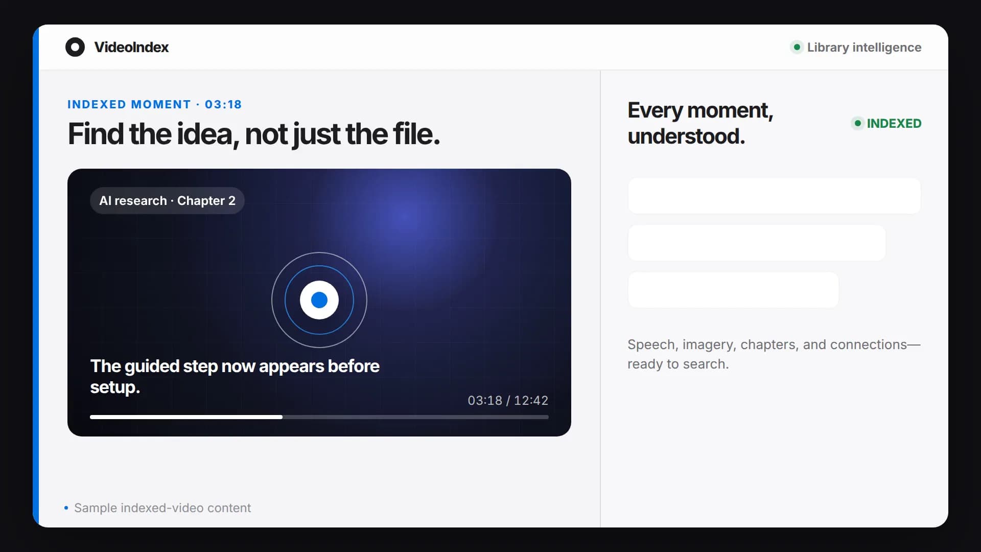 VideoIndex connects an indexed video moment to transcript evidence, semantic relationships, and a grounded answer.